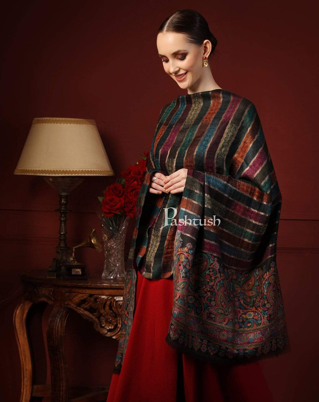 Pashtush India 100x200 Pashutsh Womens Twilight Striped Shawl, With Shimmery Zari Thread Weave