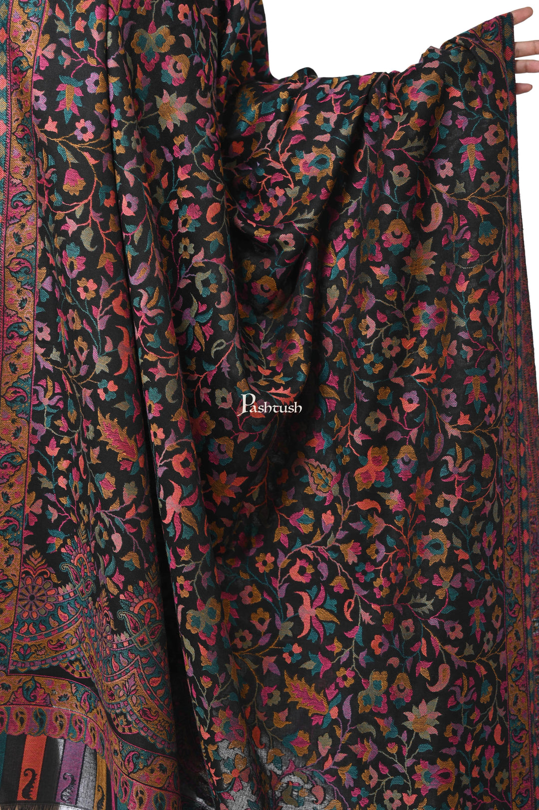 Pashwool Womens Shawls Pashwool Womens Ethnic Design Shawl, Light Weight, Soft And Warm, Black