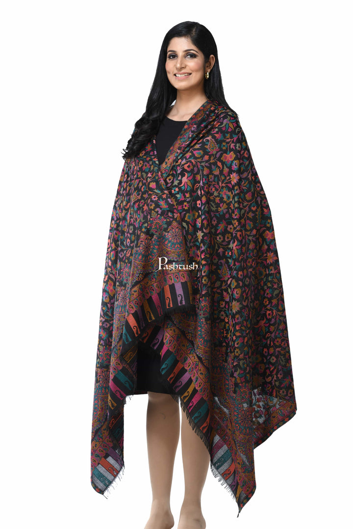Pashwool Womens Shawls Pashwool Womens Ethnic Design Shawl, Light Weight, Soft And Warm, Black