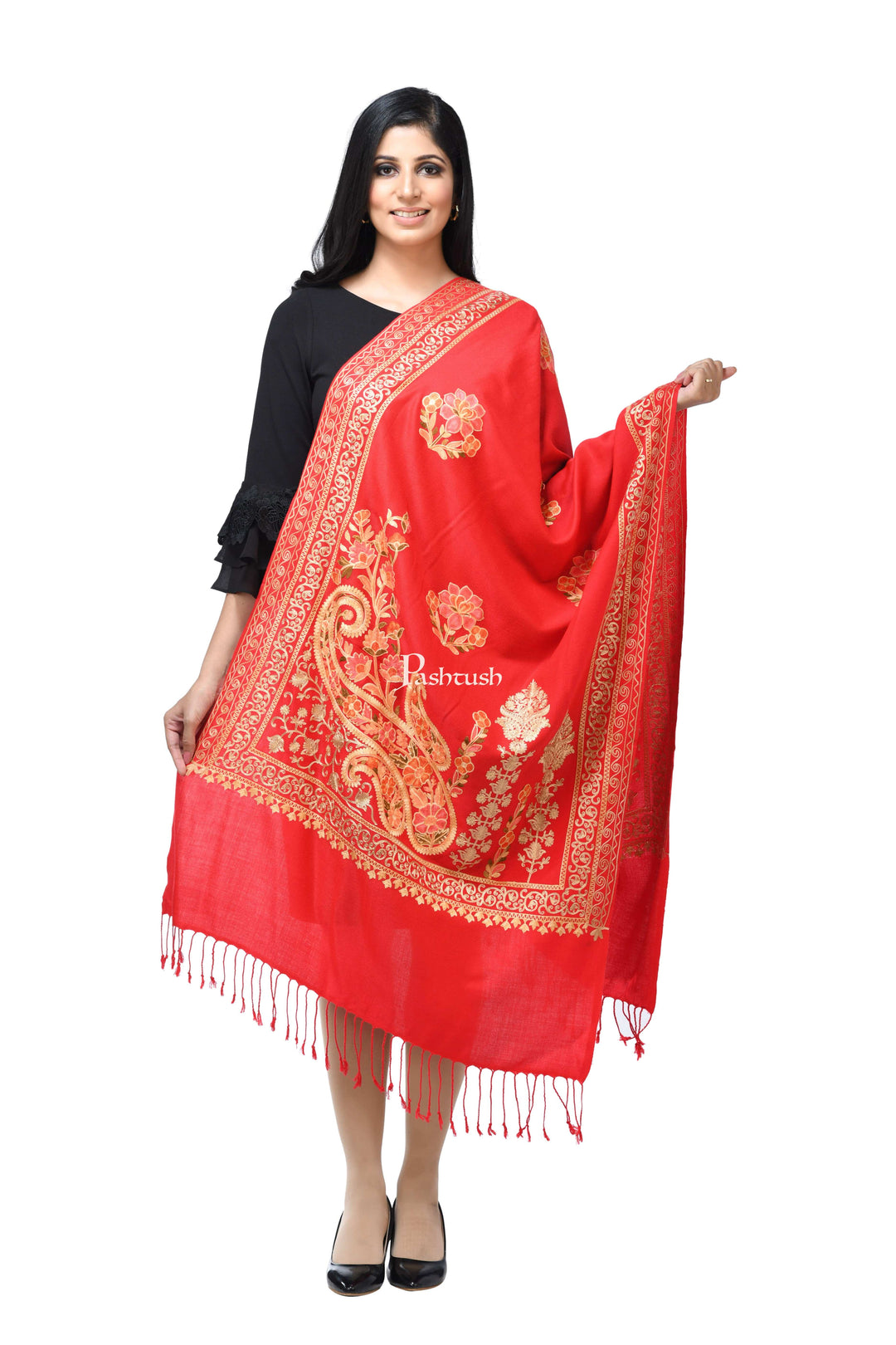 Pashwool Womens Stoles and Scarves Scarf Pashwool, Womens Kashmiri Aari Embroidery Stole, Soft Bamboo Deep Red