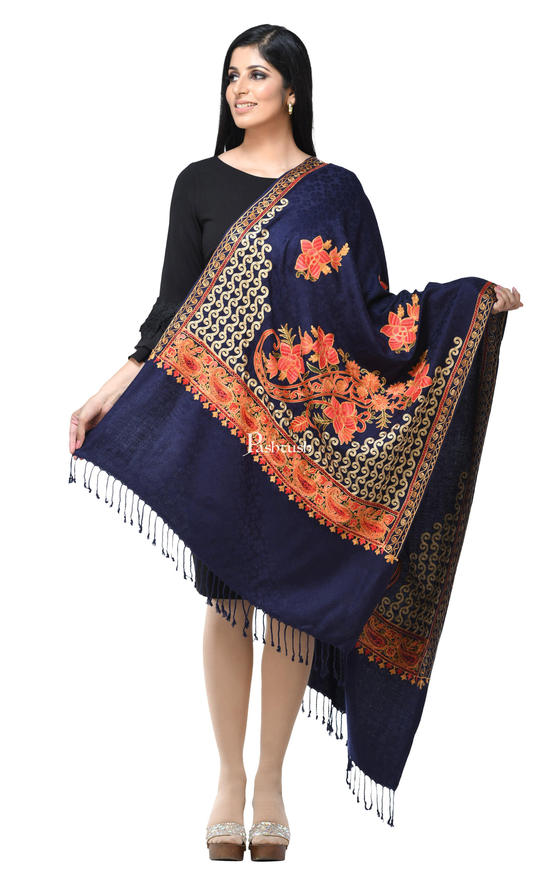 Pashwool Womens Stoles and Scarves Scarf Pashwool, Womens Kashmiri Aari Embroidery Stole, Soft Bamboo Navy Blue