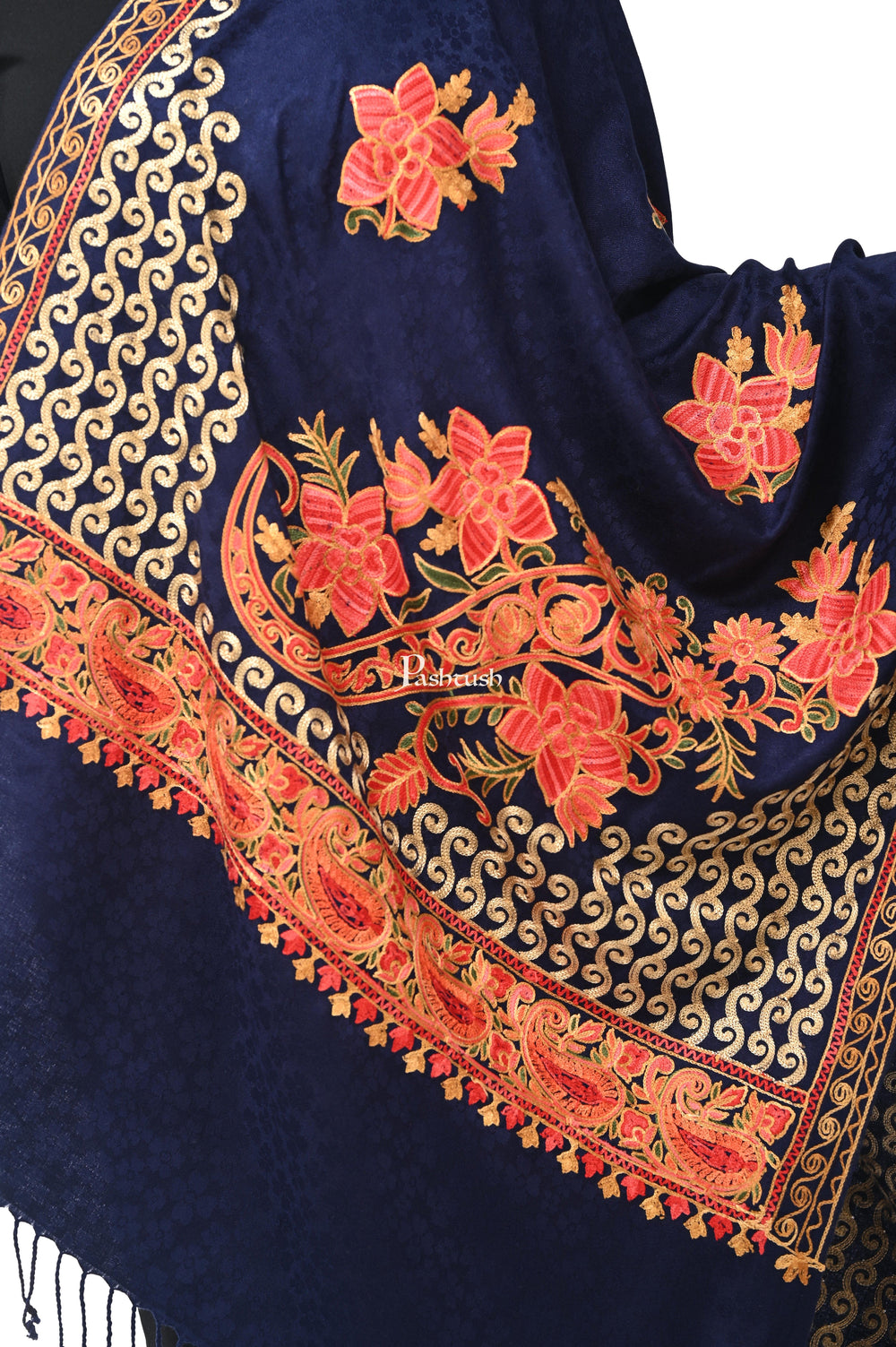 Pashwool Womens Stoles and Scarves Scarf Pashwool, Womens Kashmiri Aari Embroidery Stole, Soft Bamboo Navy Blue