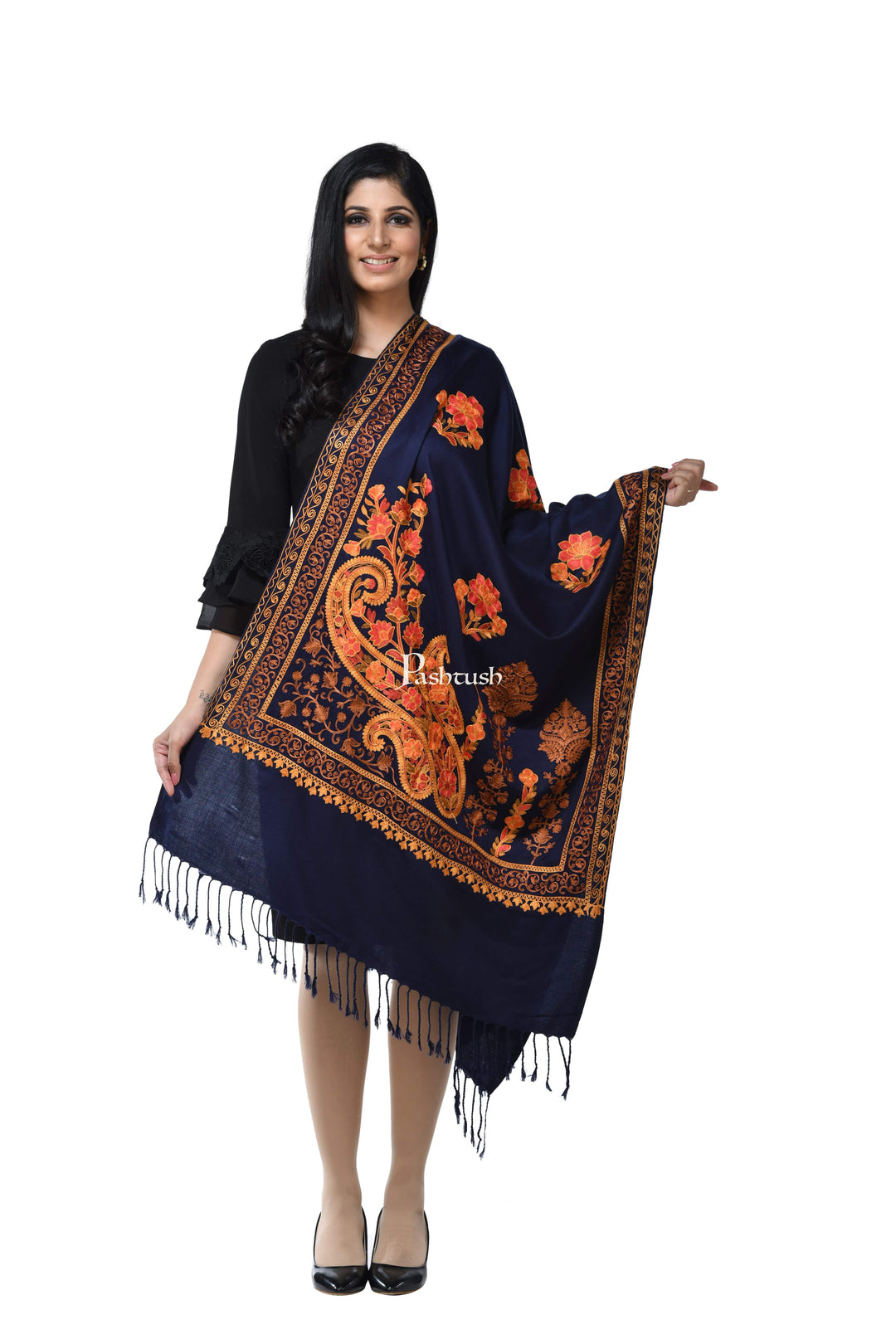 Pashwool Womens Stoles and Scarves Scarf Pashwool, Womens Kashmiri Aari Embroidery Stole, Soft Bamboo, Navy Blue