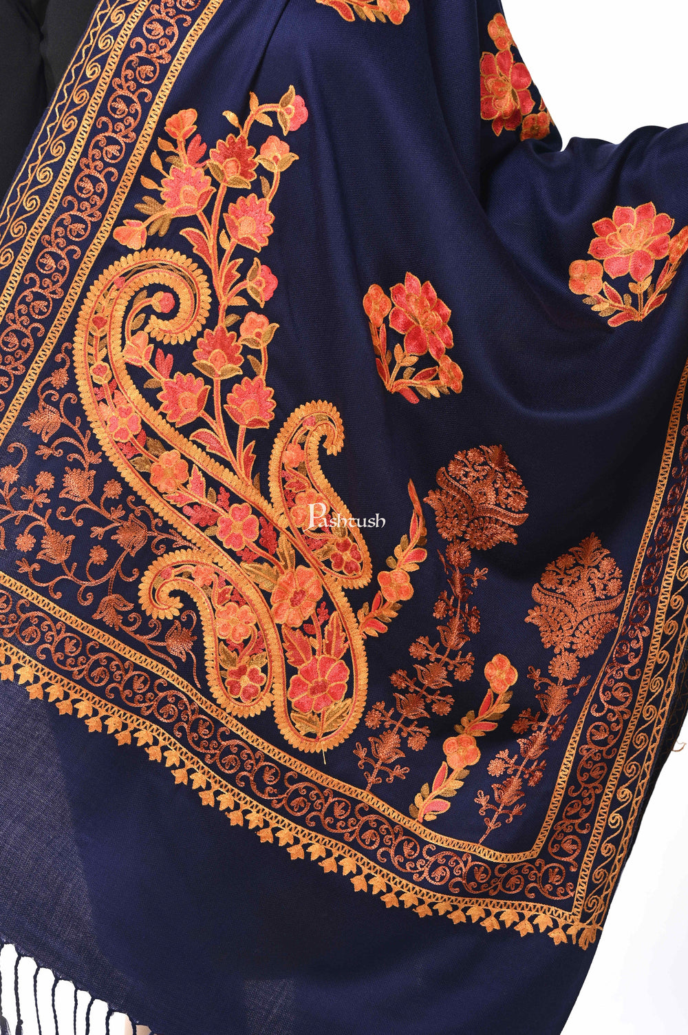 Pashwool Womens Stoles and Scarves Scarf Pashwool, Womens Kashmiri Aari Embroidery Stole, Soft Bamboo, Navy Blue