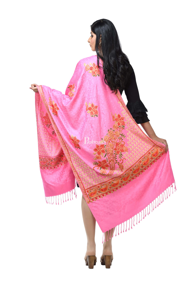 Pashwool Womens Stoles and Scarves Scarf Pashwool, Womens Kashmiri Aari Embroidery Stole, Soft Bamboo Pink