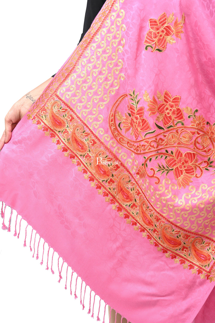Pashwool Womens Stoles and Scarves Scarf Pashwool, Womens Kashmiri Aari Embroidery Stole, Soft Bamboo Pink