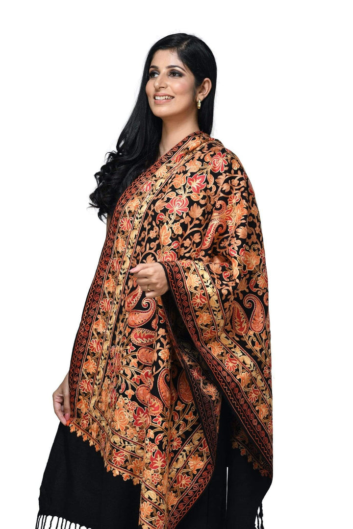 Pashwool 70x200 Pashwool, Womens Kashmiri Embroidery Stole, Soft and Warm, Woollen Black Stole