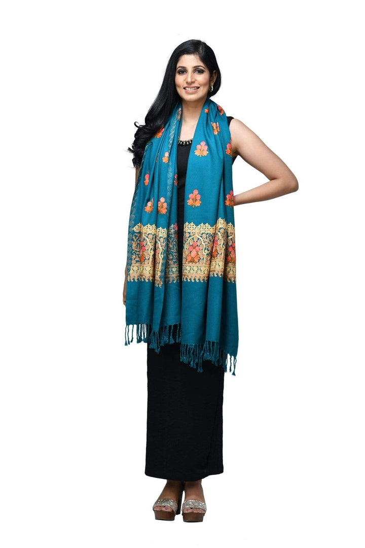 Pashwool 70x200 Pashwool Womens Kashmiri Embroidery Stole, Soft and Warm, Woollen Stole, Arabic Blue