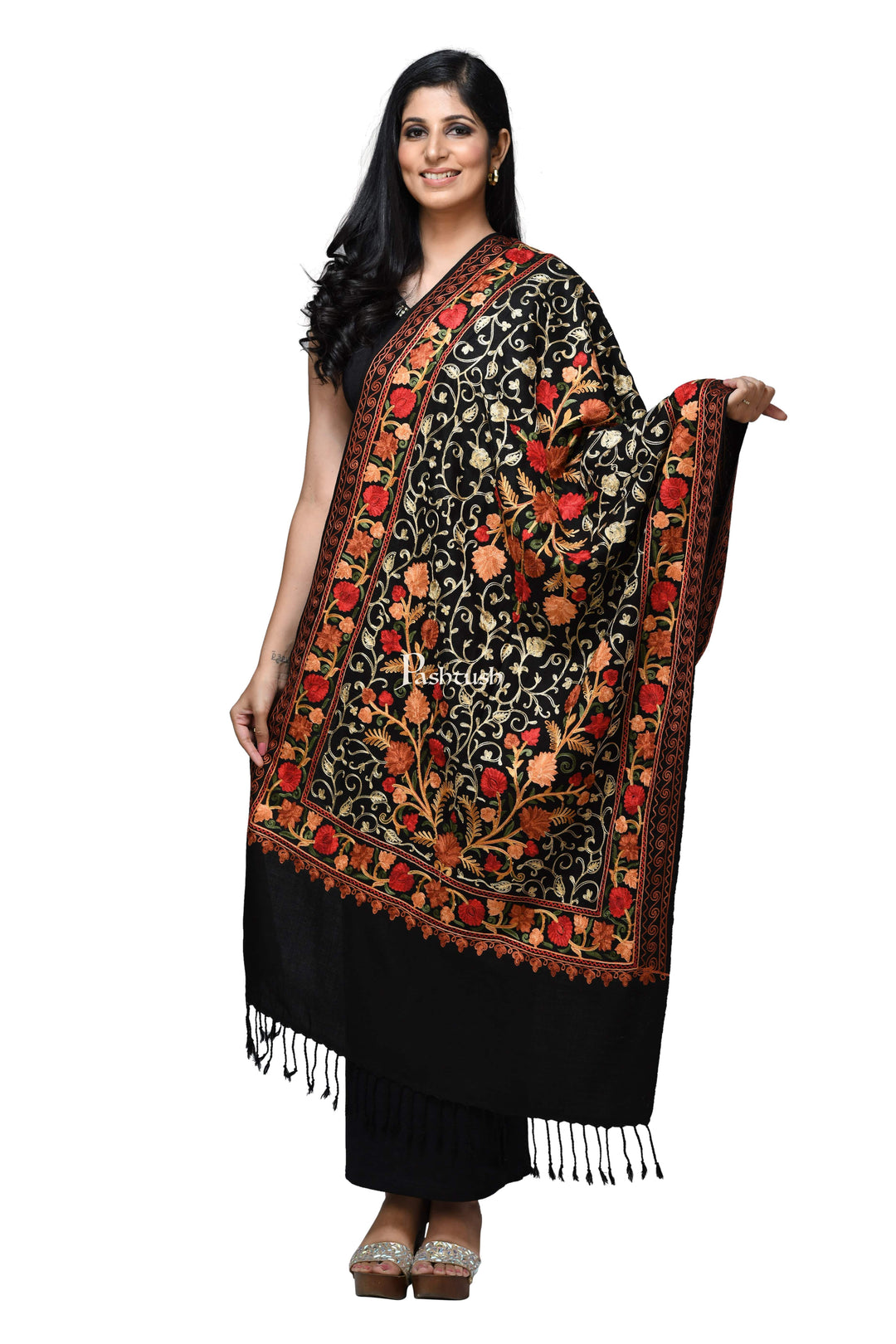 Pashwool Womens Stoles and Scarves Scarf Pashwool Womens Kashmiri Embroidery Stole, Soft And Warm, Woollen Stole, Black