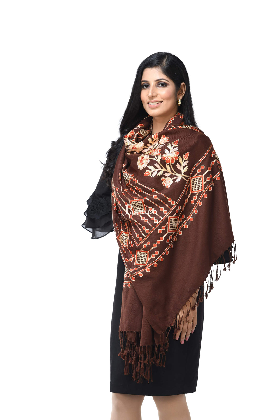 Pashwool Womens Stoles and Scarves Scarf Pashwool Womens Kashmiri Embroidery Stole, Soft And Warm, Woollen Stole Coffee