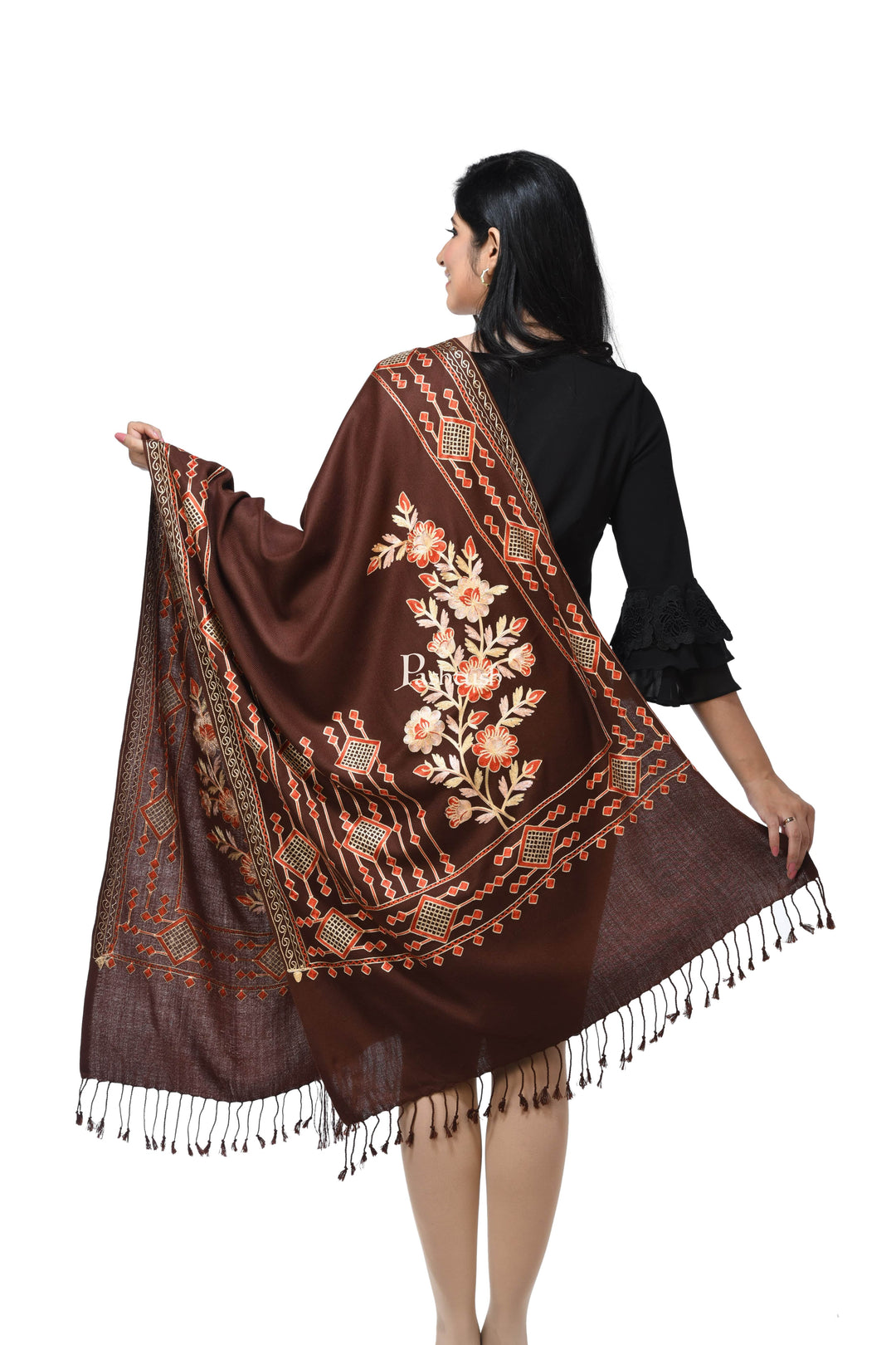 Pashwool Womens Stoles and Scarves Scarf Pashwool Womens Kashmiri Embroidery Stole, Soft And Warm, Woollen Stole Coffee