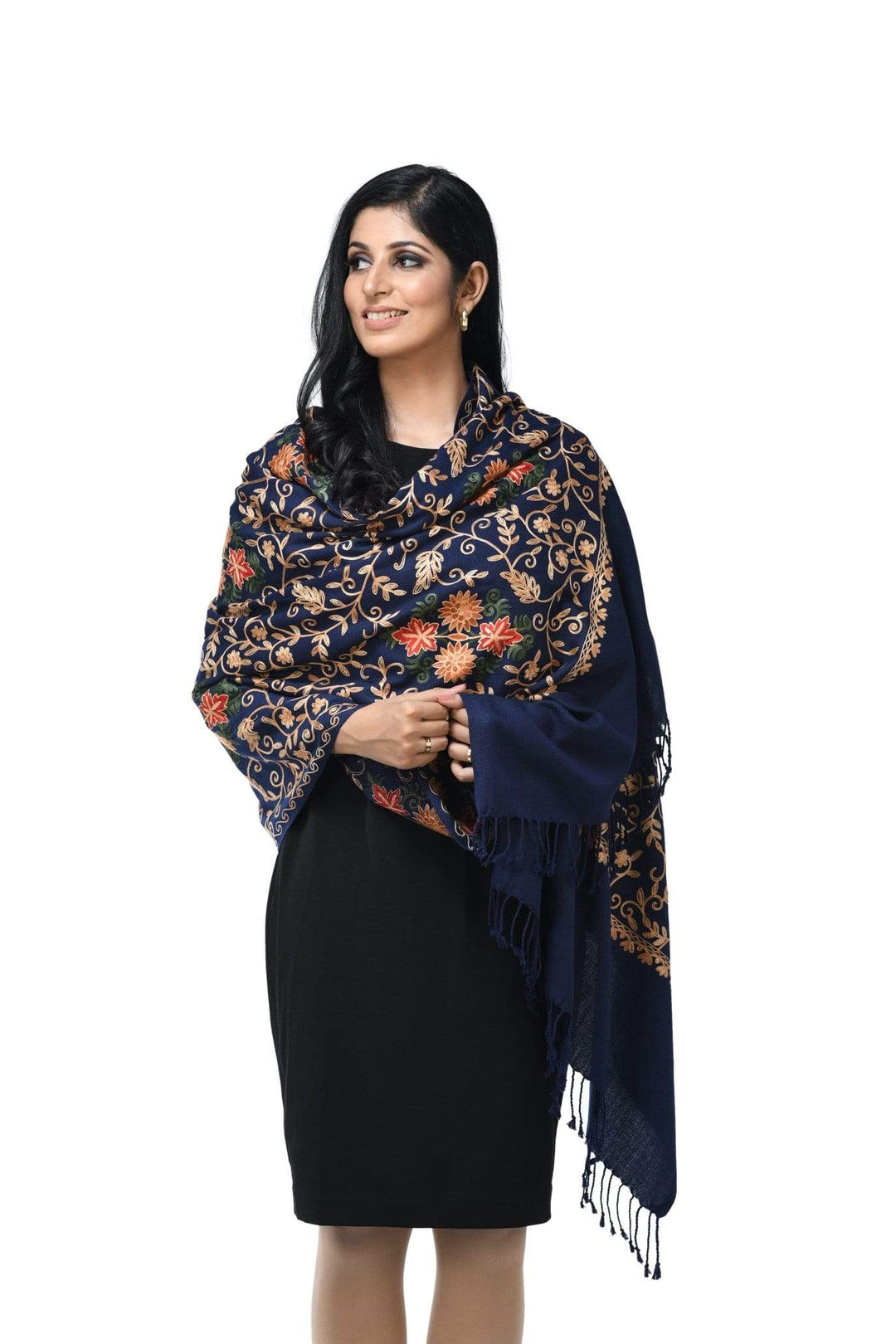 Pashwool 70x200 Pashwool Womens Kashmiri Embroidery Stole, Soft and Warm, Woollen Stole, Navy Blue