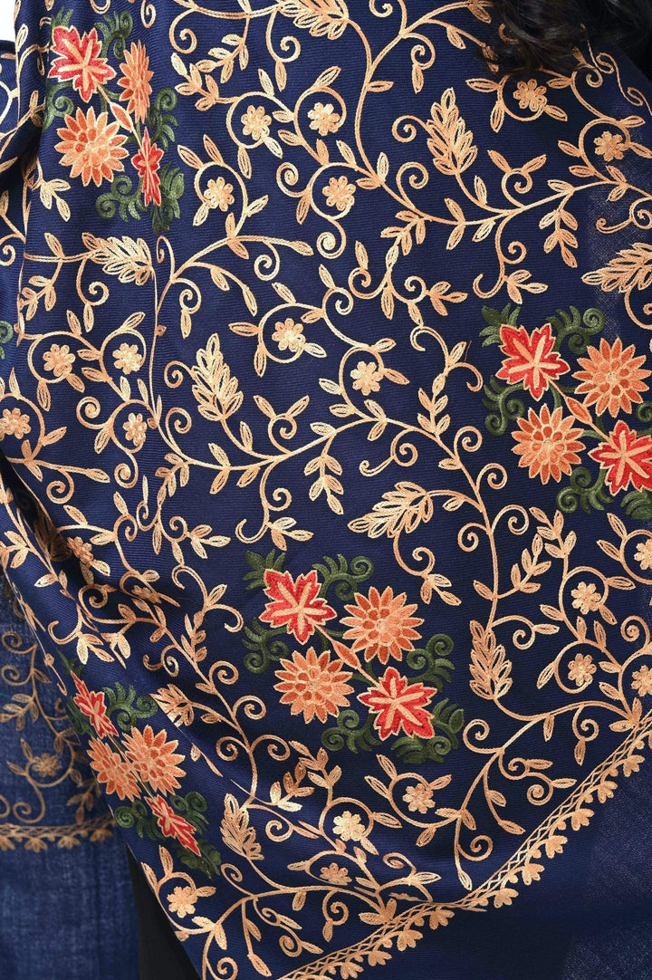 Pashwool 70x200 Pashwool Womens Kashmiri Embroidery Stole, Soft and Warm, Woollen Stole, Navy Blue