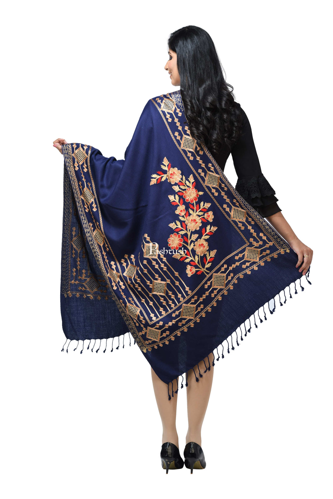 Pashwool Womens Stoles and Scarves Scarf Pashwool Womens Kashmiri Embroidery Stole, Soft And Warm, Woollen Stole, Navy Blue