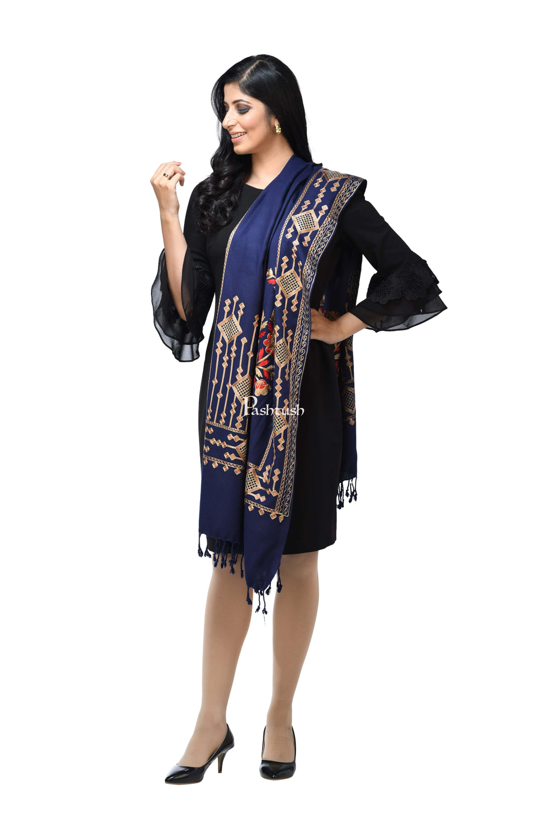 Pashwool Womens Stoles and Scarves Scarf Pashwool Womens Kashmiri Embroidery Stole, Soft And Warm, Woollen Stole, Navy Blue