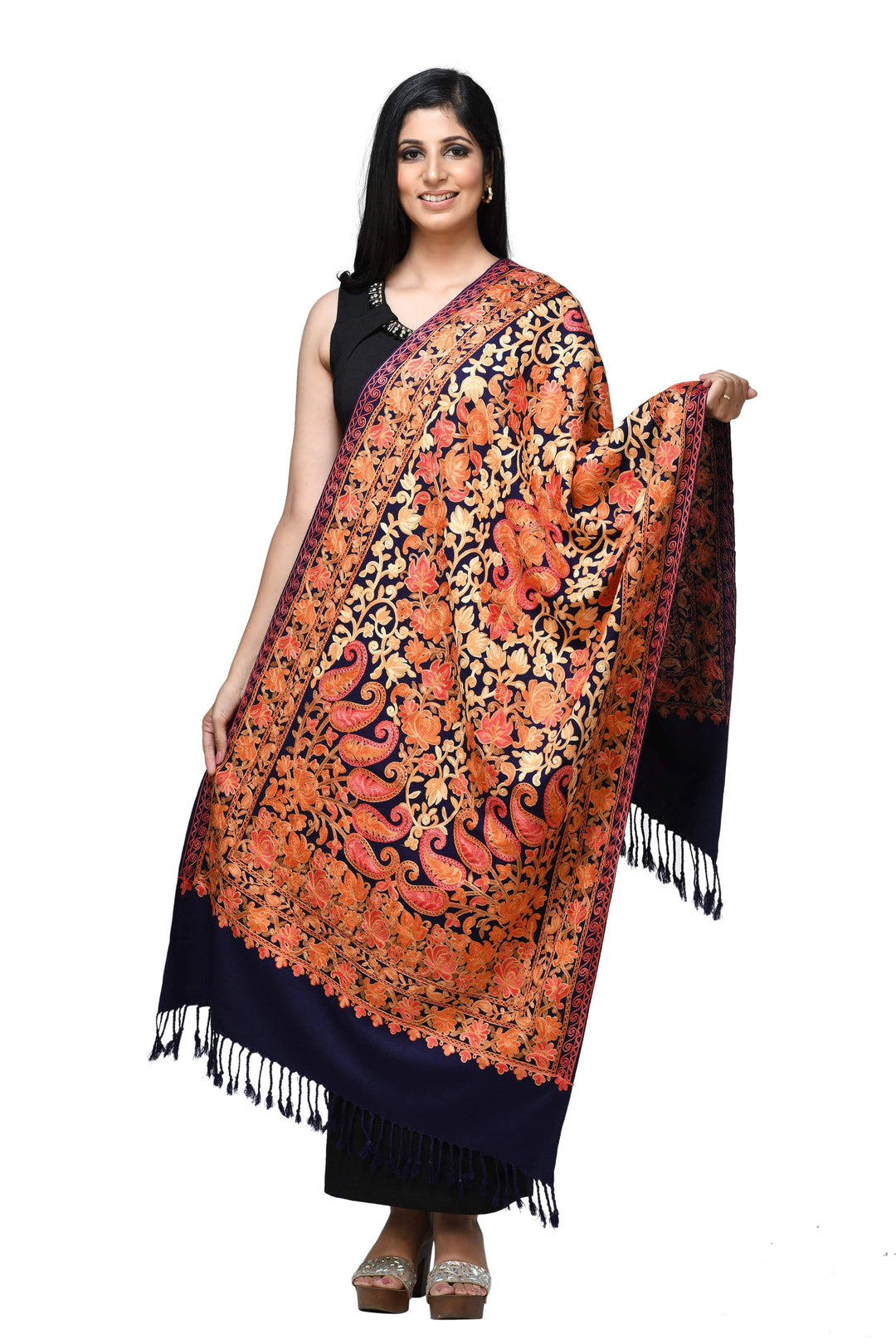 Pashwool Womens Stoles and Scarves Scarf Pashwool Womens Kashmiri Embroidery Stole, Soft And Warm, Woollen Stole Navy Blue