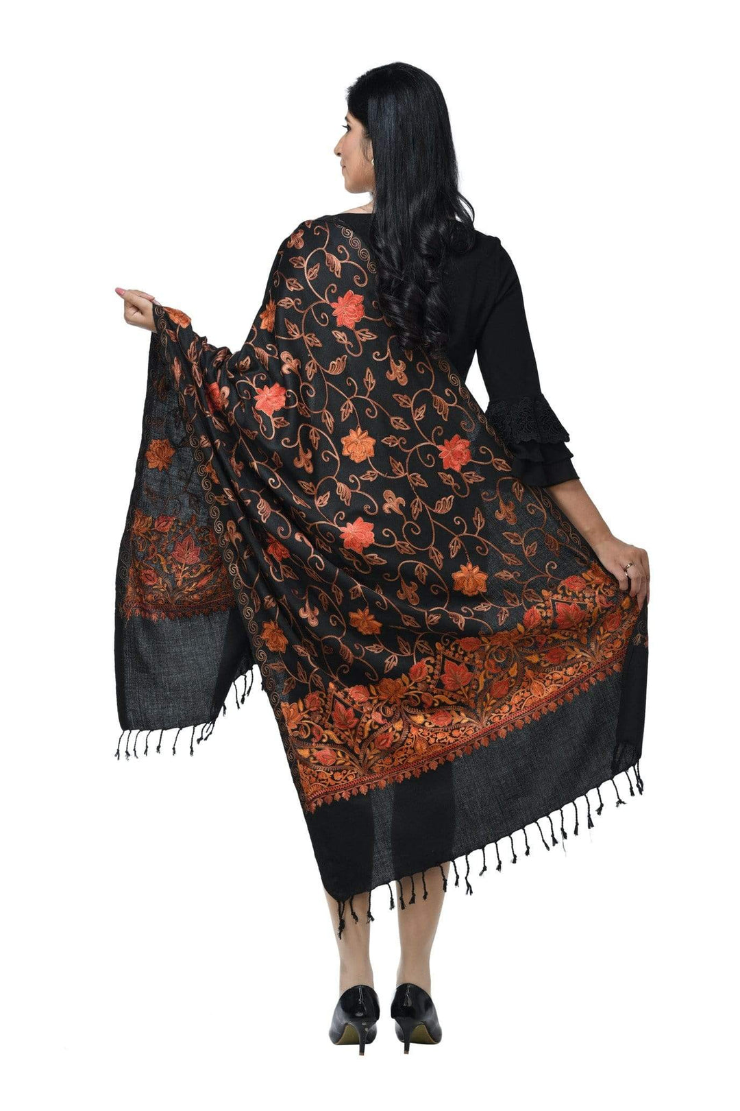 Pashwool 70x200 Pashwool Womens Kashmiri Embroidery Stole, Woollen, Soft and Warm, Black