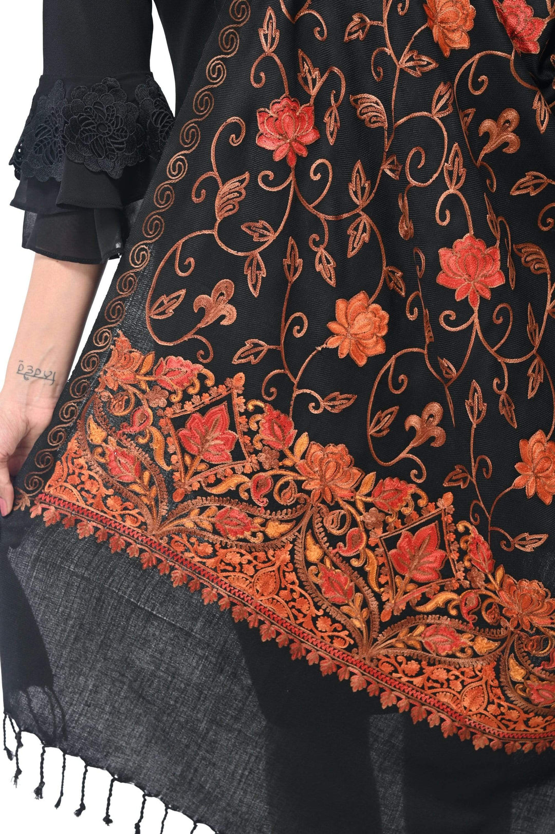 Pashwool 70x200 Pashwool Womens Kashmiri Embroidery Stole, Woollen, Soft and Warm, Black