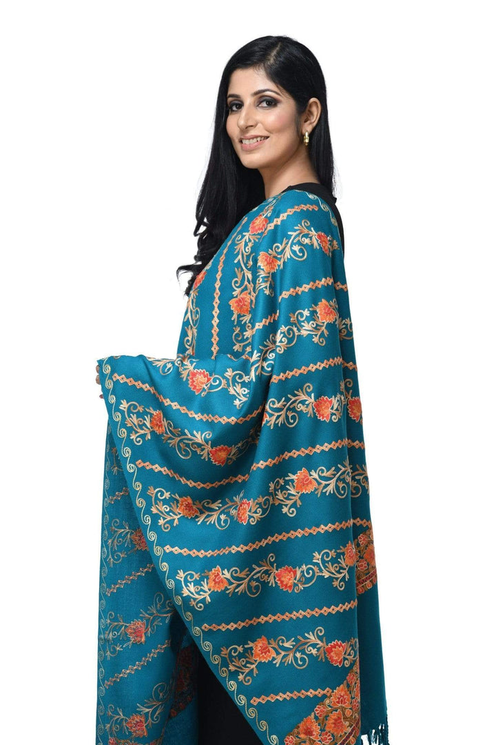 Pashwool 70x200 Pashwool Womens Kashmiri Embroidery Stole, Woollen Stole, Arabic Blue