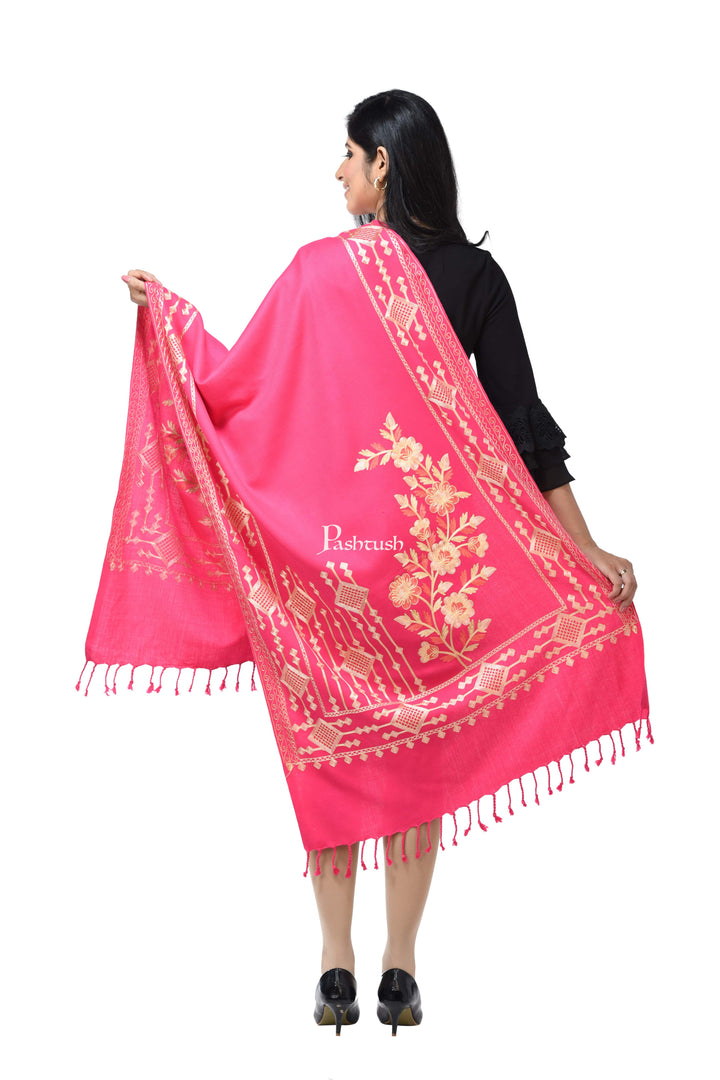 Pashwool Womens Stoles and Scarves Scarf Pashwool Womens Kashmiri Embroidery Stole, Woollen Stole, Soft And Warm, Pink