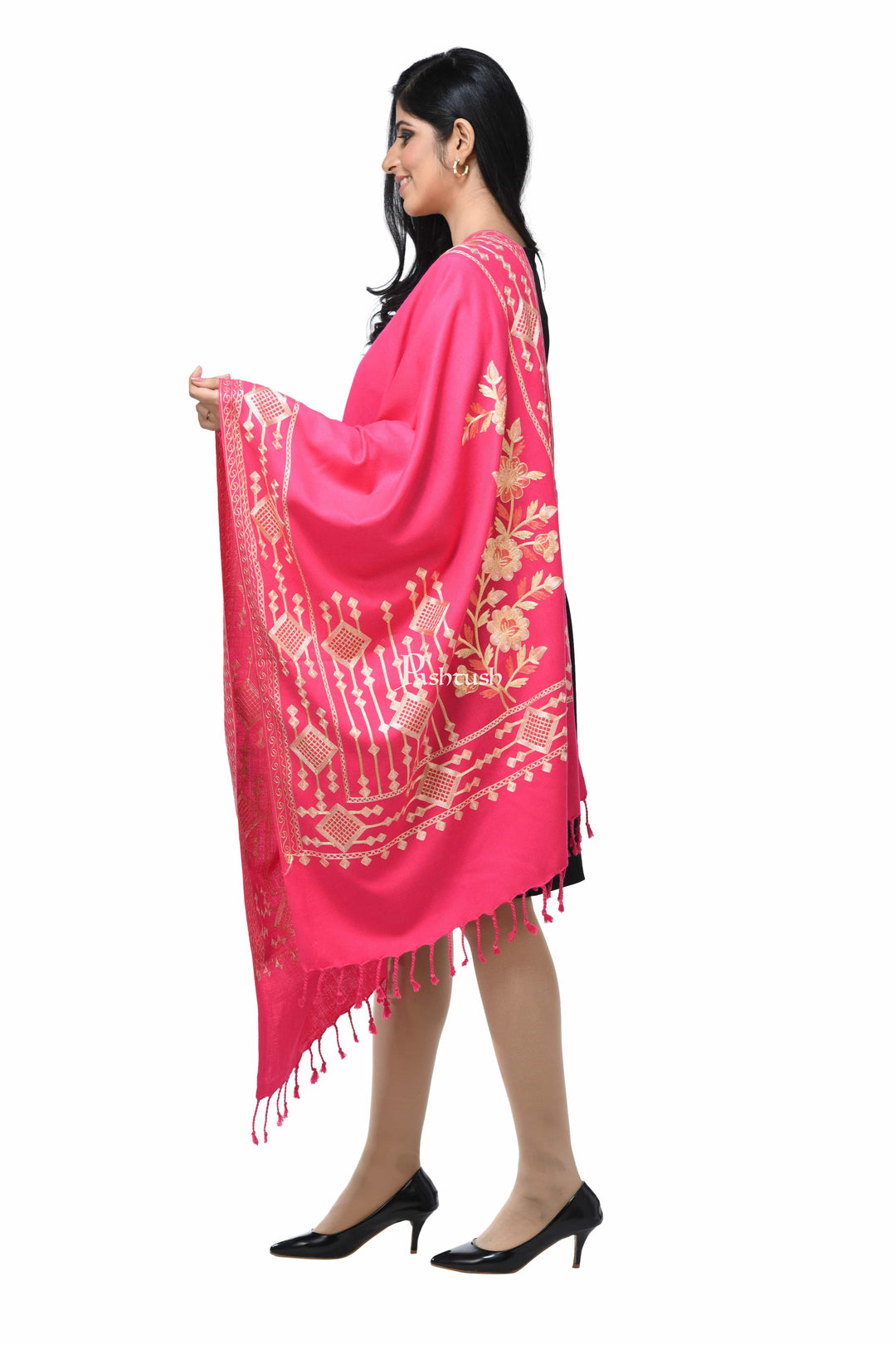 Pashwool Womens Stoles and Scarves Scarf Pashwool Womens Kashmiri Embroidery Stole, Woollen Stole, Soft And Warm, Pink
