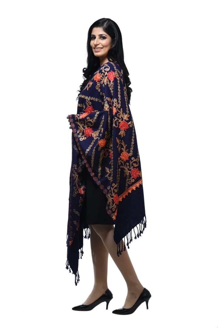Pashwool 70x200 Pashwool Womens Kashmiri Embroidery Stole, Woollen Stole, Warm and Soft, Navy Blue