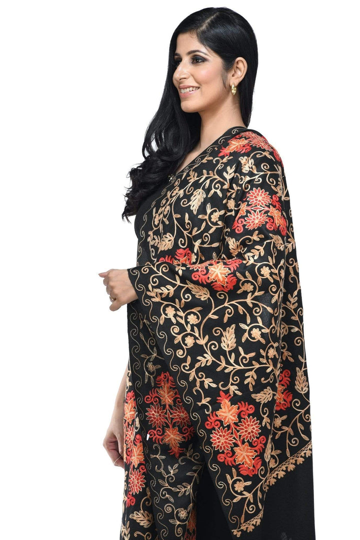 Pashwool 70x200 Pashwool Womens Kashmiri Embroidery Woollen Stole, Soft and Warm, Black