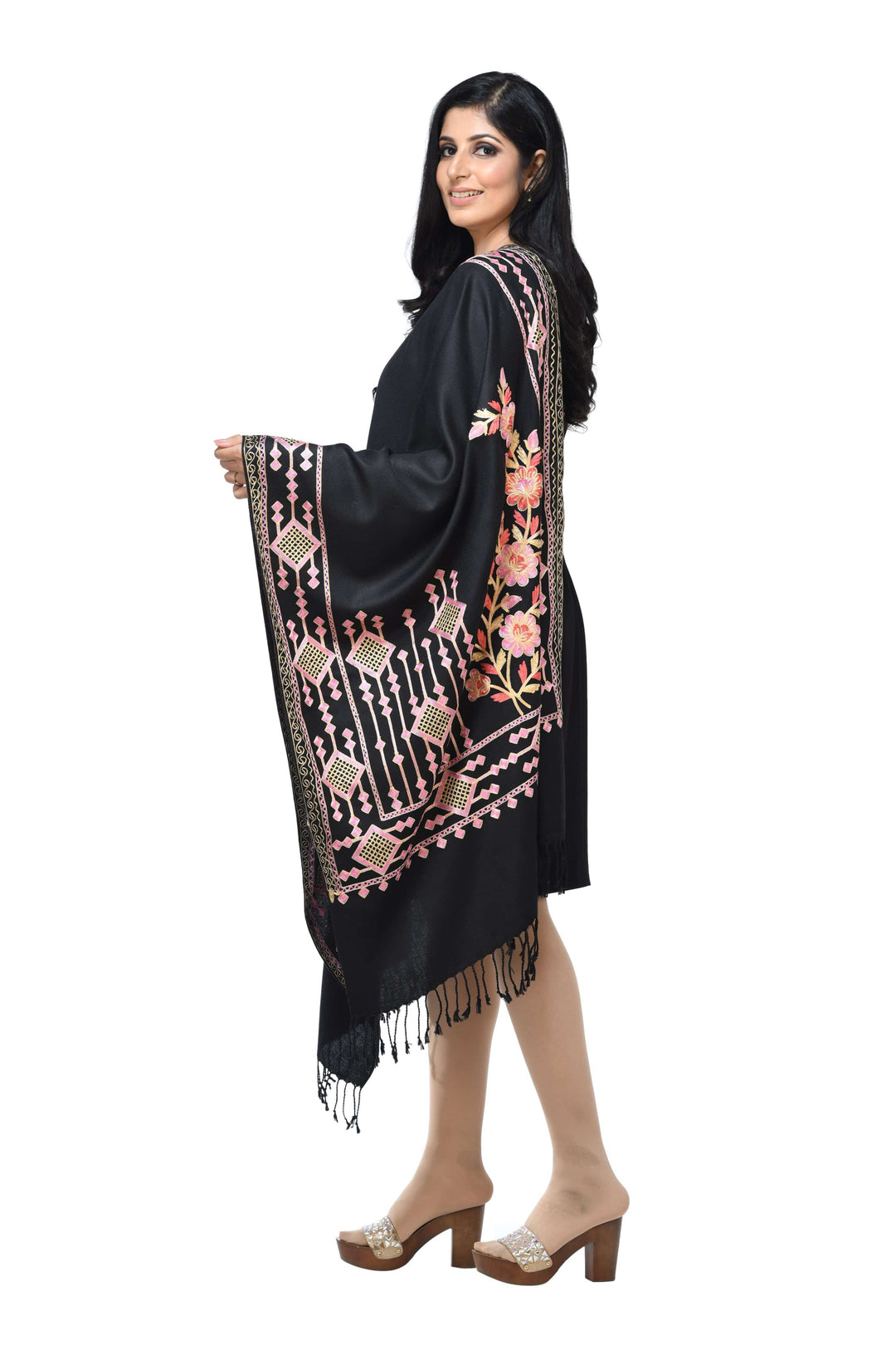 Pashwool Womens Stoles and Scarves Scarf Pashwool Womens Stole, Kashmiri Embroidery, Soft And Warm, Woollen Stole, Black