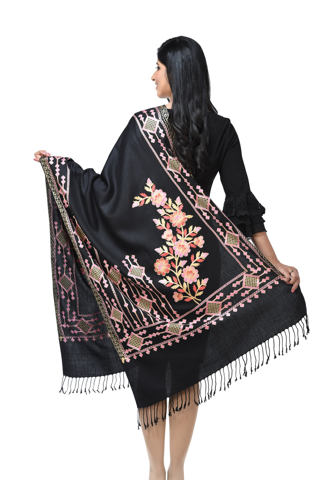 Pashwool Womens Stoles and Scarves Scarf Pashwool Womens Stole, Kashmiri Embroidery, Soft And Warm, Woollen Stole, Black