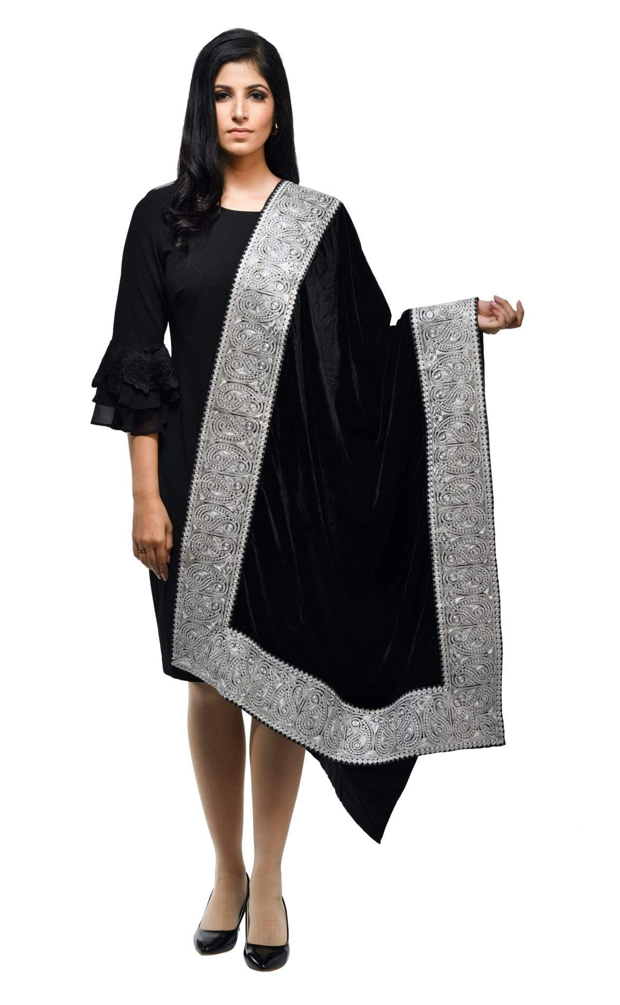 Pashwool Womens Velvet Shawl, With Zari Embroidery Border, Rich
