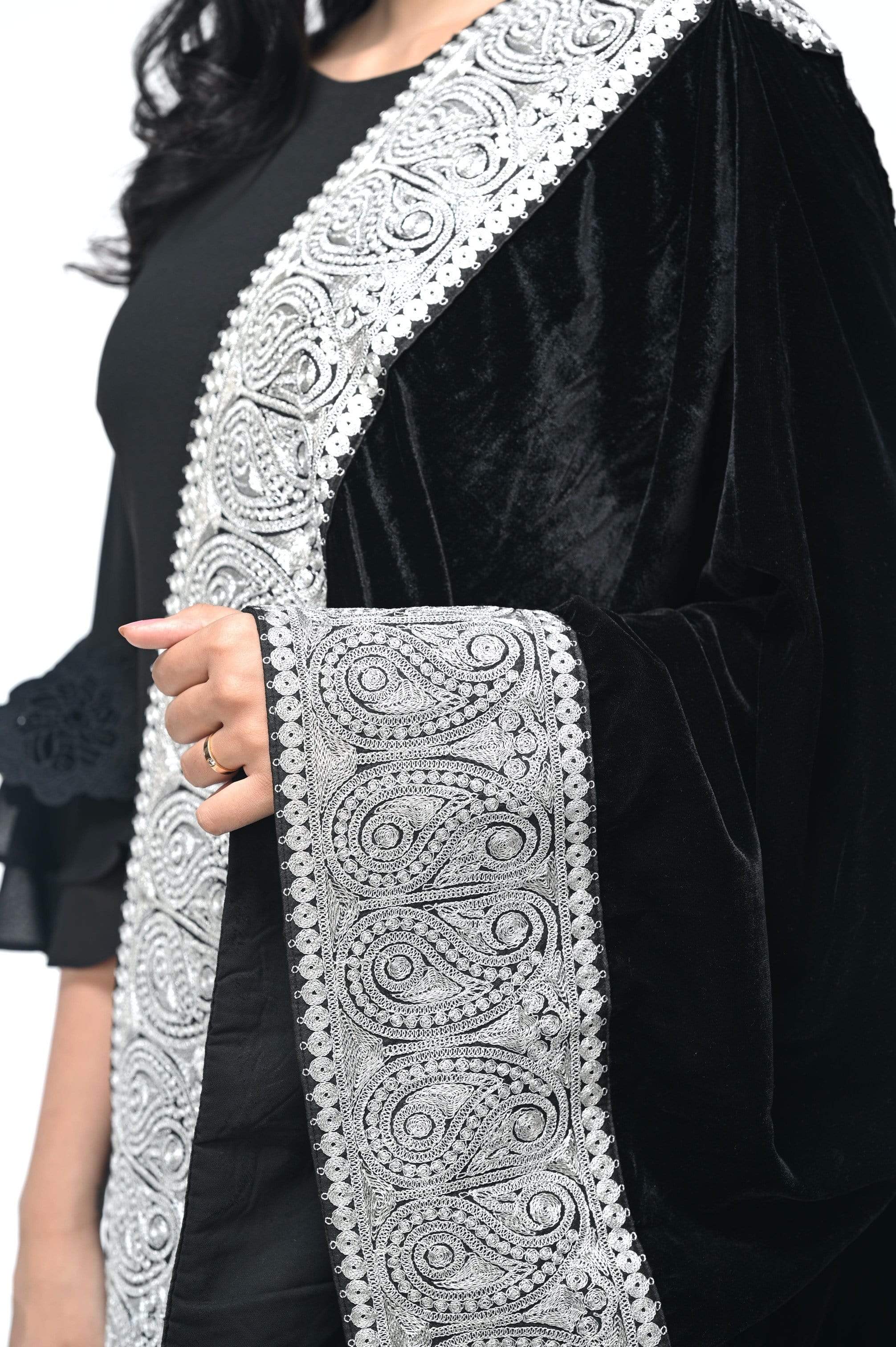 Pashwool Womens Velvet Shawl, With Zari Embroidery Border, Rich