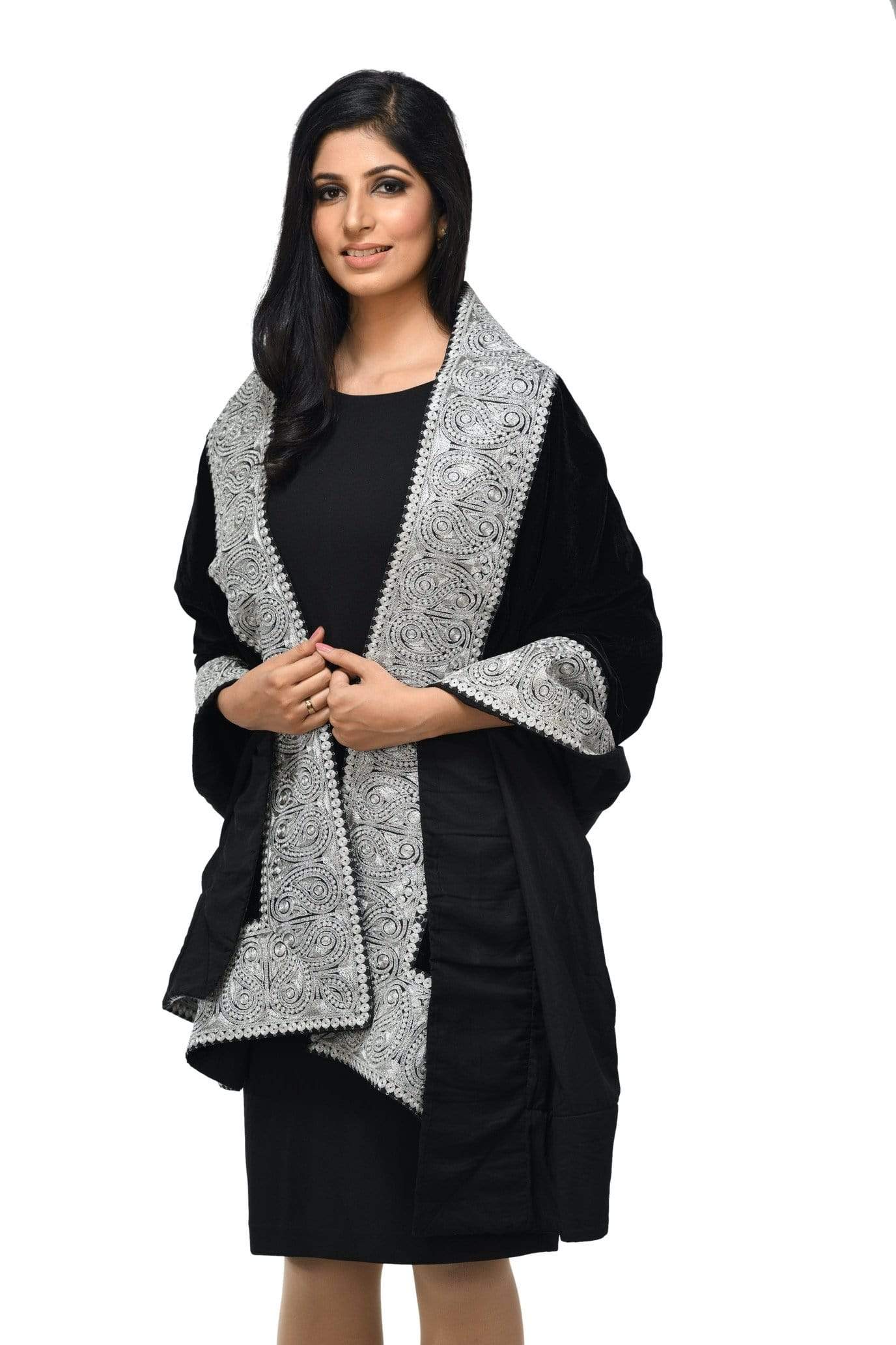 Pashwool Womens Velvet Shawl, With Zari Embroidery Border, Rich