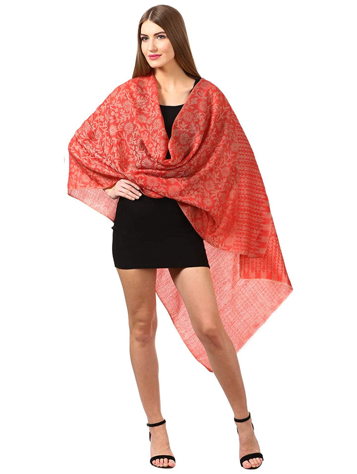 Pashtush India Stole Women's Silk-Pashmina Reversible Floral Scarf, Soft and Warm, Scarlet Red