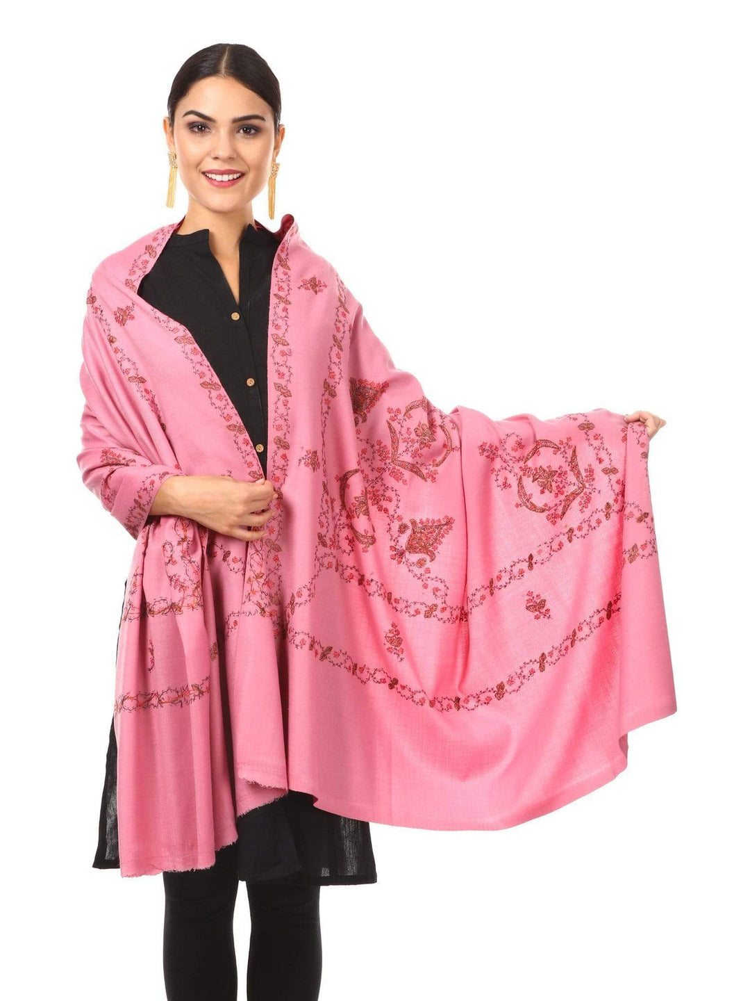 Pashtush India 100x200 Women's Wool Shawl, Kashmiri Hand Embroidery, 100% hand-made (Pink)