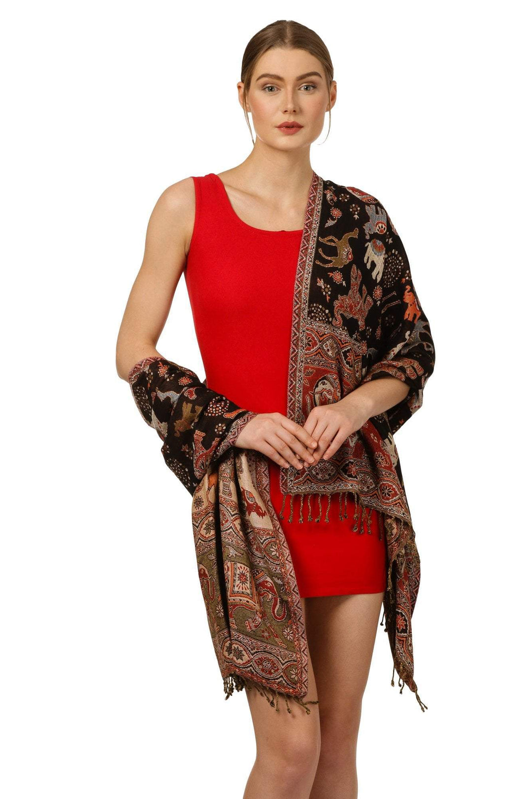 PASHTUSH WOMENS BAMBOO REVERSIBLE STOLE, TRIBAL ELEPHANTS