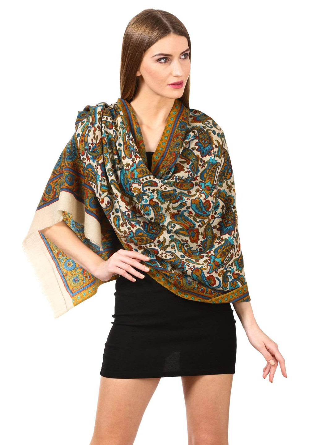Pashtush Womens Fine Wool  Blended Printed Stole Scarf Green