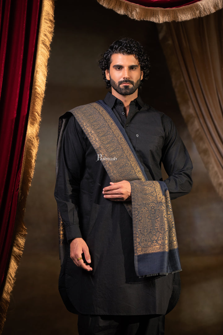 Pashtush Mens Twilight Stole, Zari Design, Navy Blue