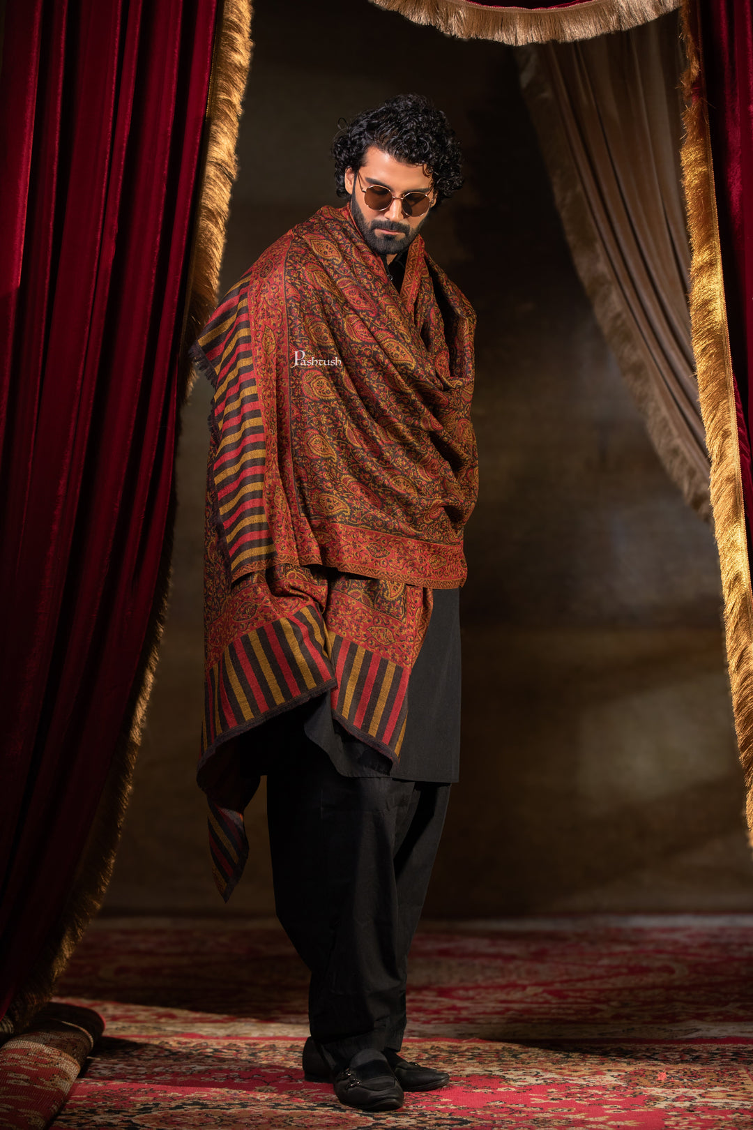 Pashtush Mens 100% Pure Wool With Woolmark Certificate Shawl, Paisley Design, Espresso Brown