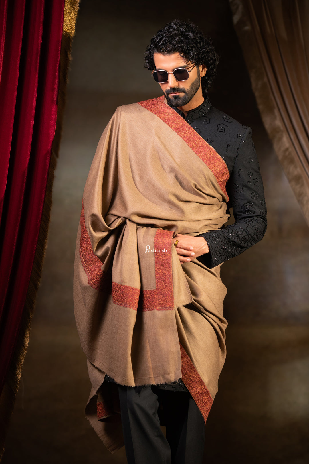 Pashtush Mens Fine Wool Shawl, Border Design Embroidery, Taupe