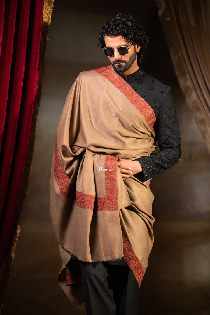 Pashtush Mens Fine Wool Shawl, Border Design Embroidery, Taupe