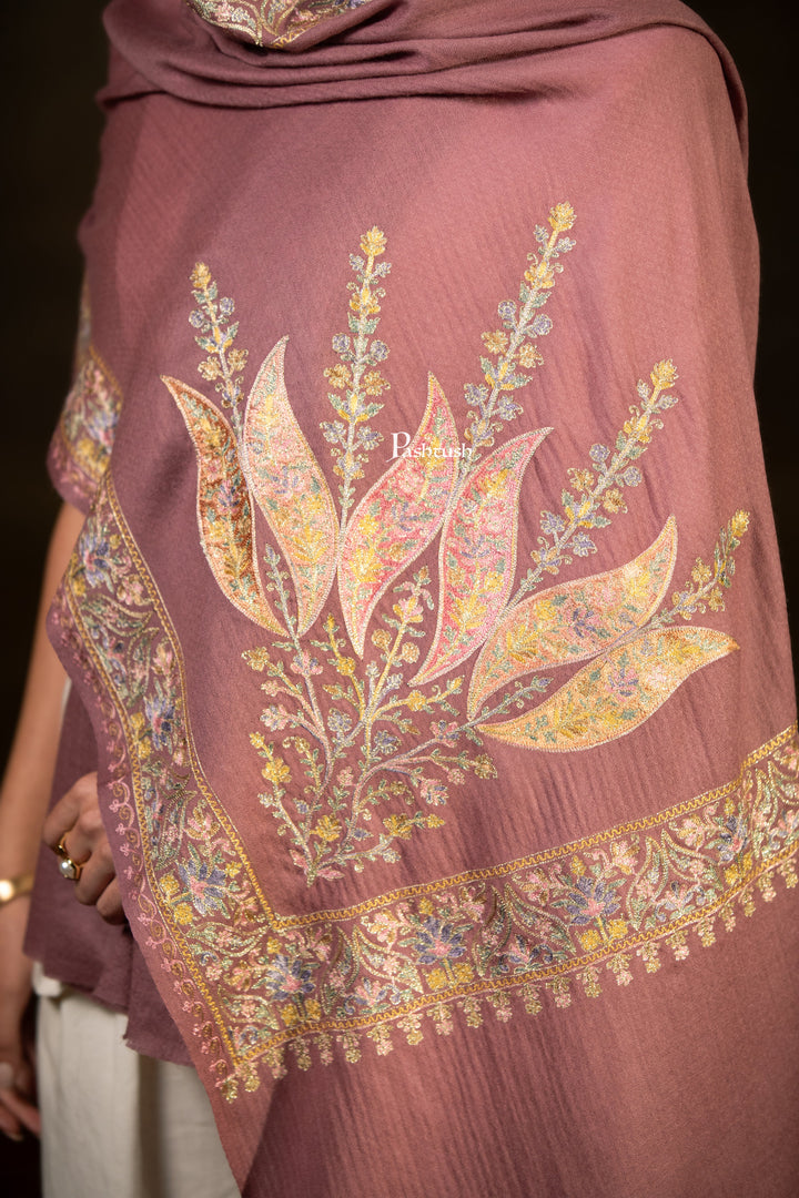 Pashtush Womens Extra Fine Wool Stole, Floral Embroidery Design, Peel Lilac