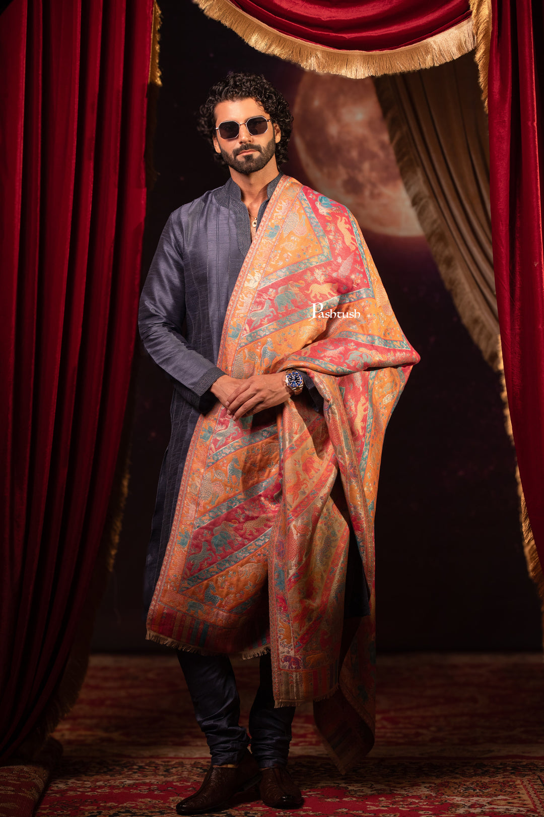 Pashtush Mens Faux Pashmina Stole, Zari Design, Multicoloured