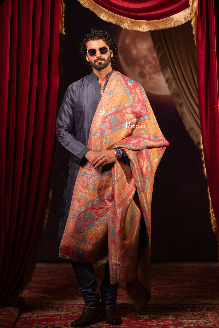Pashtush Mens Faux Pashmina Stole, Zari Design, Multicoloured