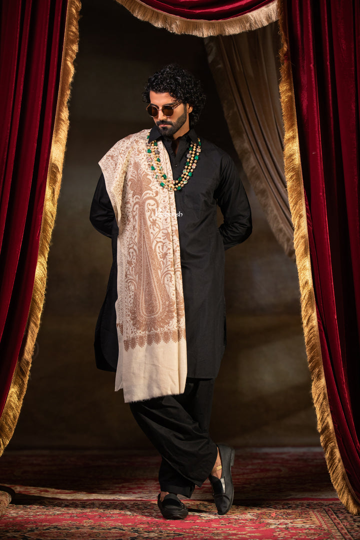 Pashtush Mens Extra Fine Wool Shawl, Tone Tone Embrodiery Design, Beige