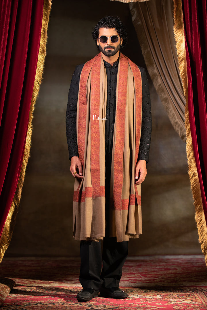 Pashtush Mens Fine Wool Shawl, Border Design Embroidery, Taupe