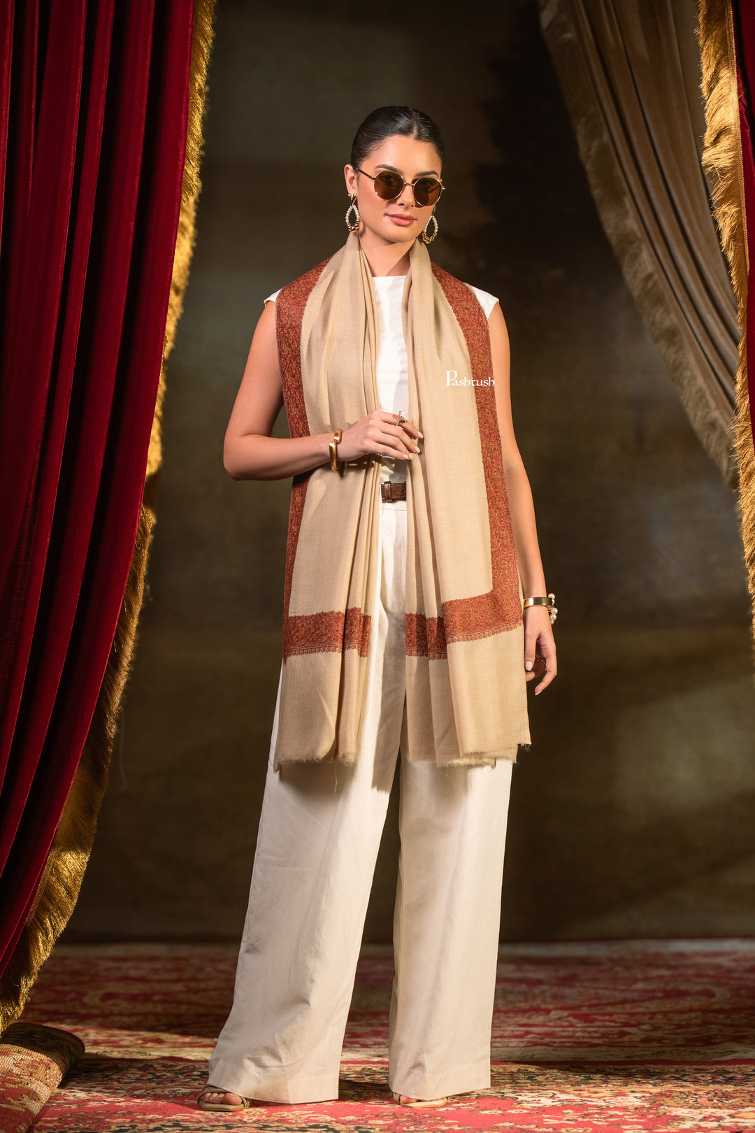 Pashtush Womens Extra Fine Wool Shawl, Challa Daur Design, Beige