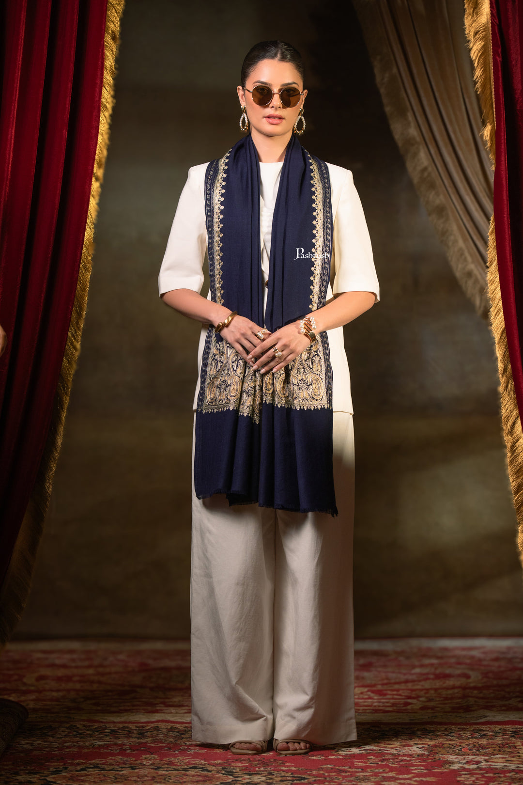 Pashtush Womens Extra Fine Wool Stole, Tilla Embroidery Work, Navy Blue