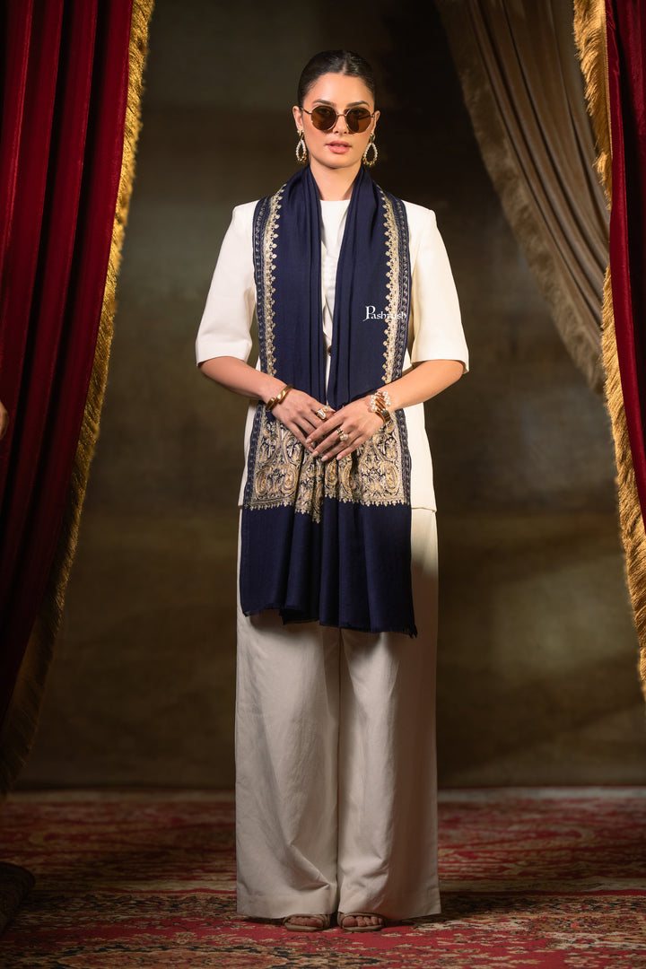 Pashtush Womens Extra Fine Wool Stole, Tilla Embroidery Work, Navy Blue