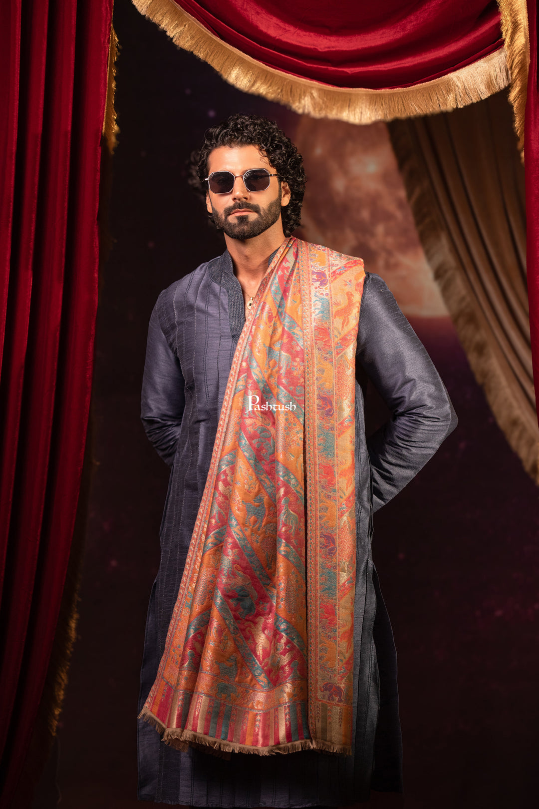 Pashtush Mens Faux Pashmina Stole, Zari Design, Multicoloured