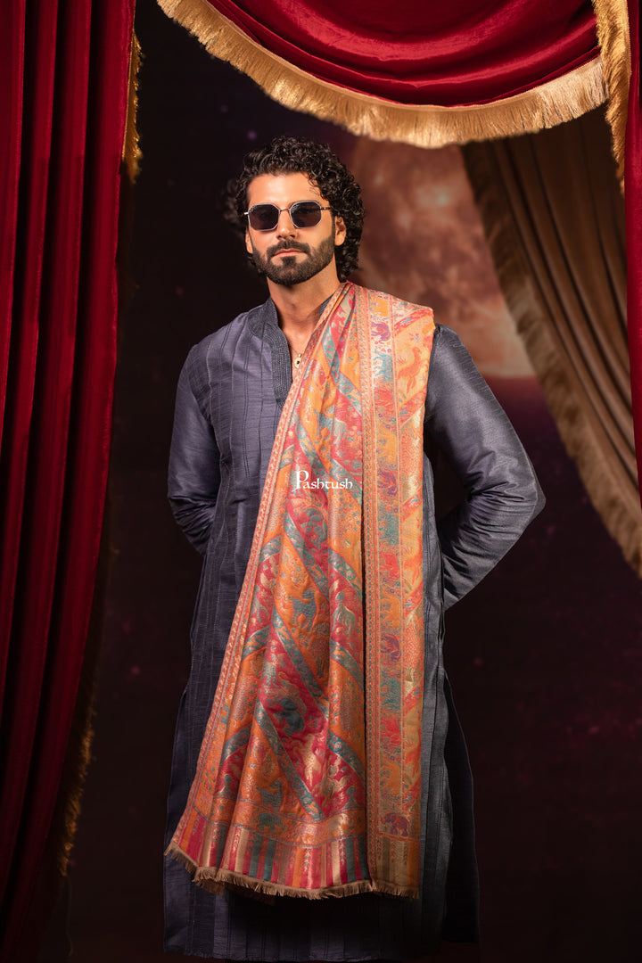 Pashtush Mens Faux Pashmina Stole, Zari Design, Multicoloured